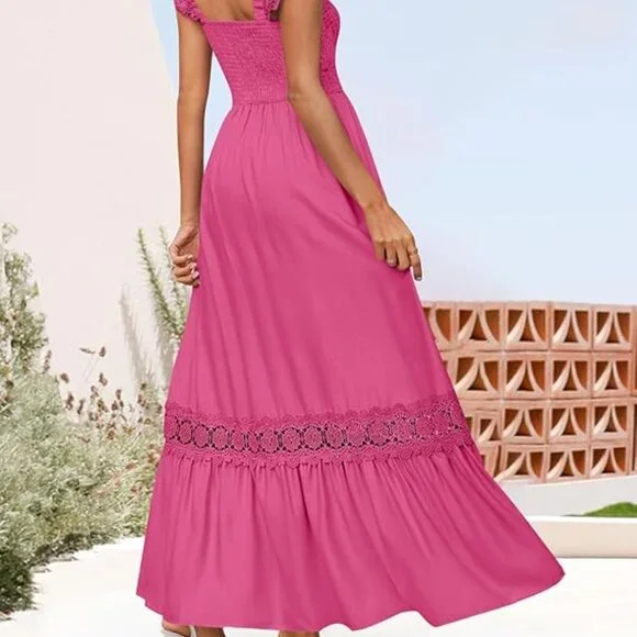 Pink Summer Lace Strap Sleeveless Smocked Maxi Dress | Medium - Picture 3 of 8